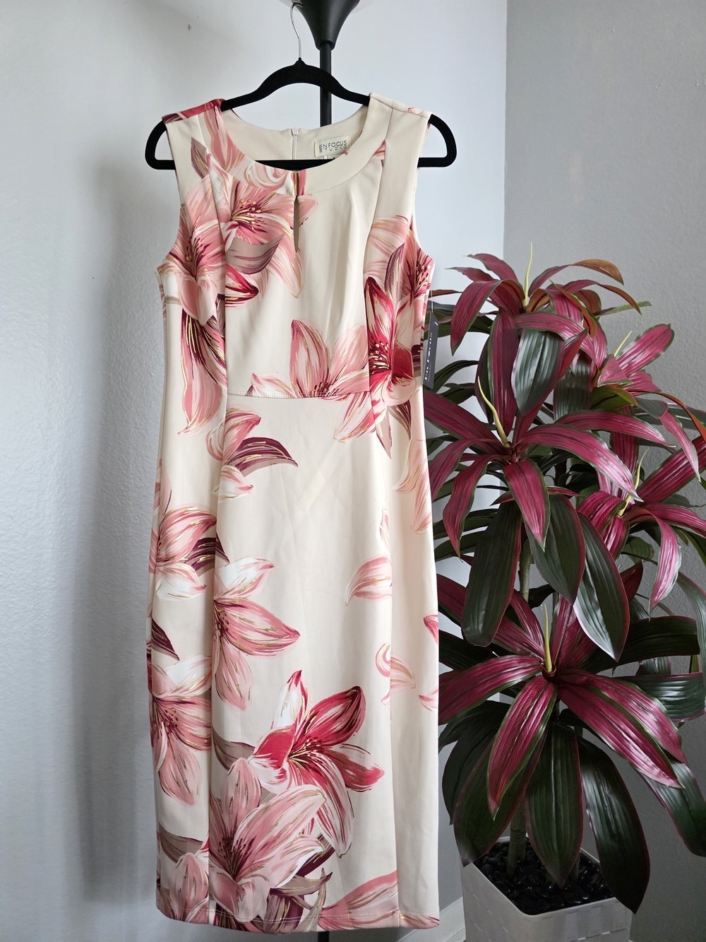 Enfocus Studio Cream Sheath Dress with Pink Floral Print